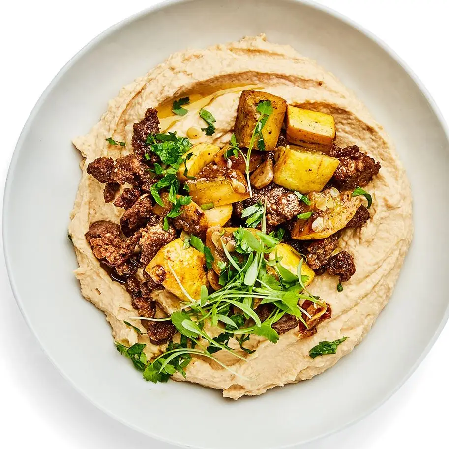 Hummus com abóbora e cordeiro temperados