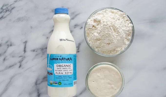 Ingredients for the overnight batter laid out on a marble surface.' title='The Best Sourdough Pancakes