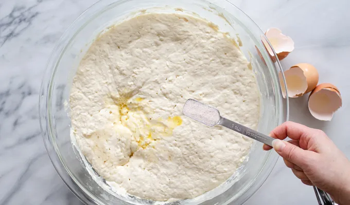 Adding the unrefined sea salt.' title='The Best Sourdough Pancakes