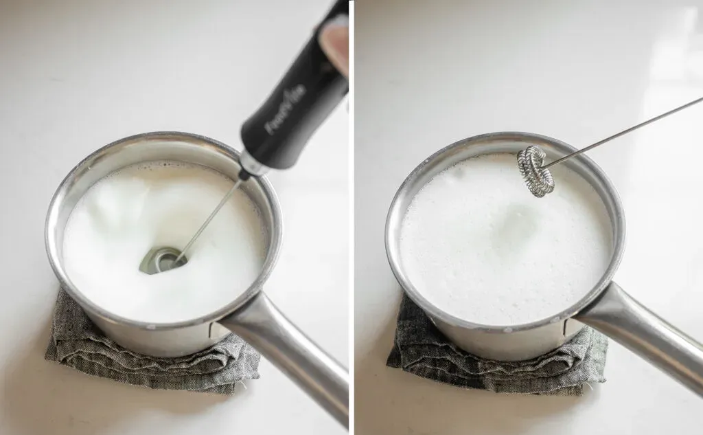 Frothing the milk in the pan with a hand held milk frother.' title='Starbucks Hot Matcha Green Tea Latte Recipe