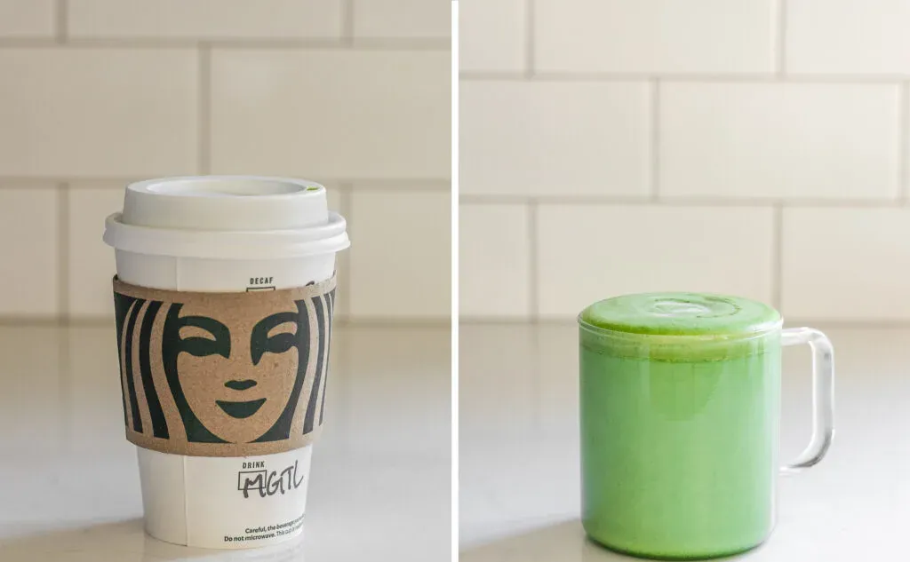 A photo of a Starbucks hot matcha green tea latte next to a photo of my homemade version.' title='Starbucks Hot Matcha Green Tea Latte Recipe