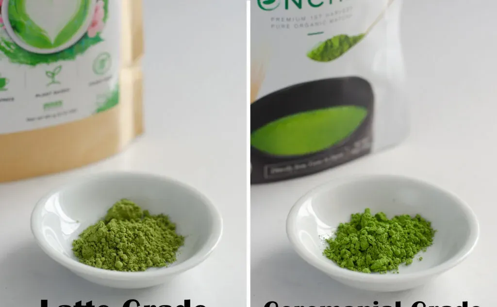 A side by side comparison of latte grade and ceremonial grade matcha for color comparison. ' title='Starbucks Hot Matcha Green Tea Latte Recipe