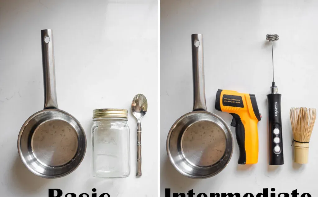 The equipment needed to make a Starbucks hot matcha green tea latte at home.' title='Starbucks Hot Matcha Green Tea Latte Recipe