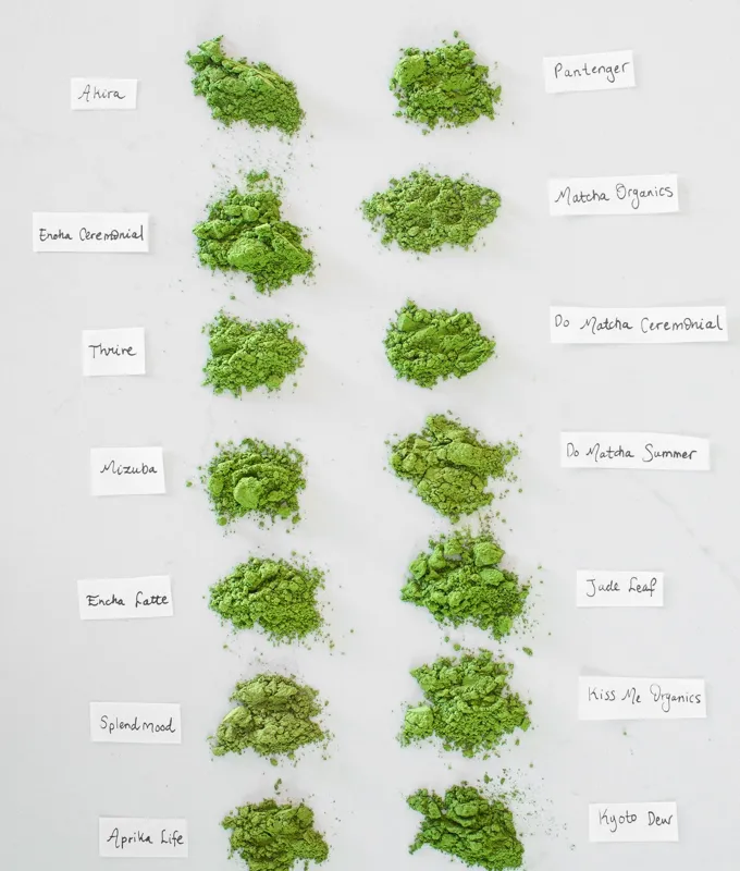 14 different organic green tea brands side by side for color comparison. ' title='BEST Organic Matcha Powder Review