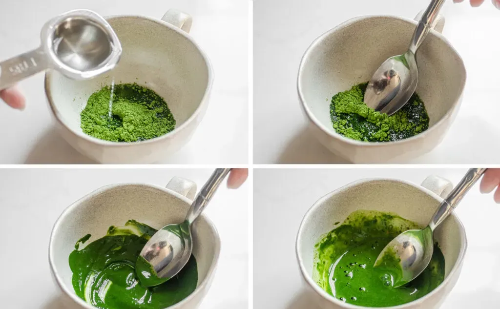 How to dissolve matcha in water without a bamboo matcha whisk.' title='How to Make Matcha Milk Tea with Boba