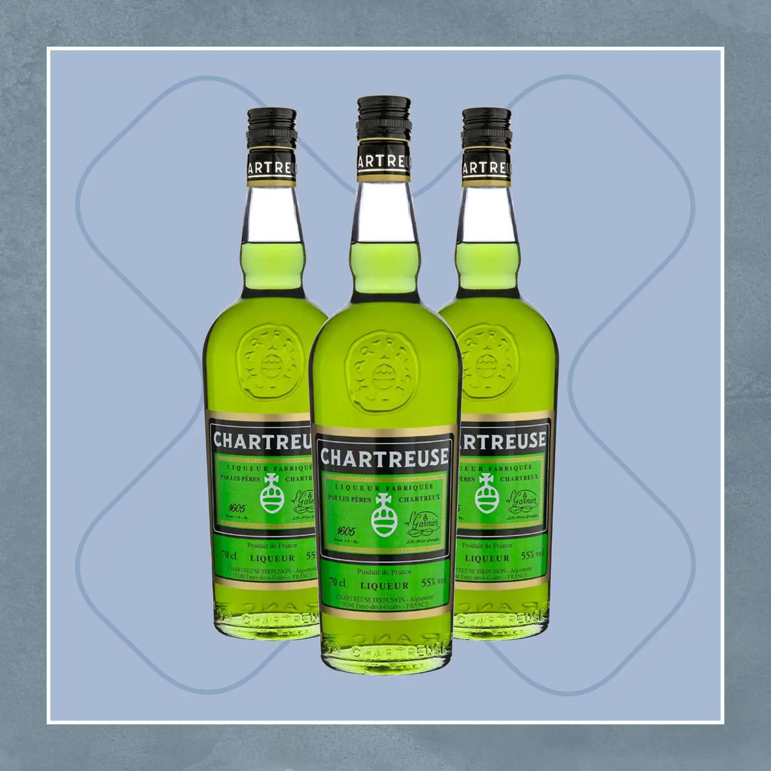 Green bottles of Green Chartreuse with an x sign in the back 