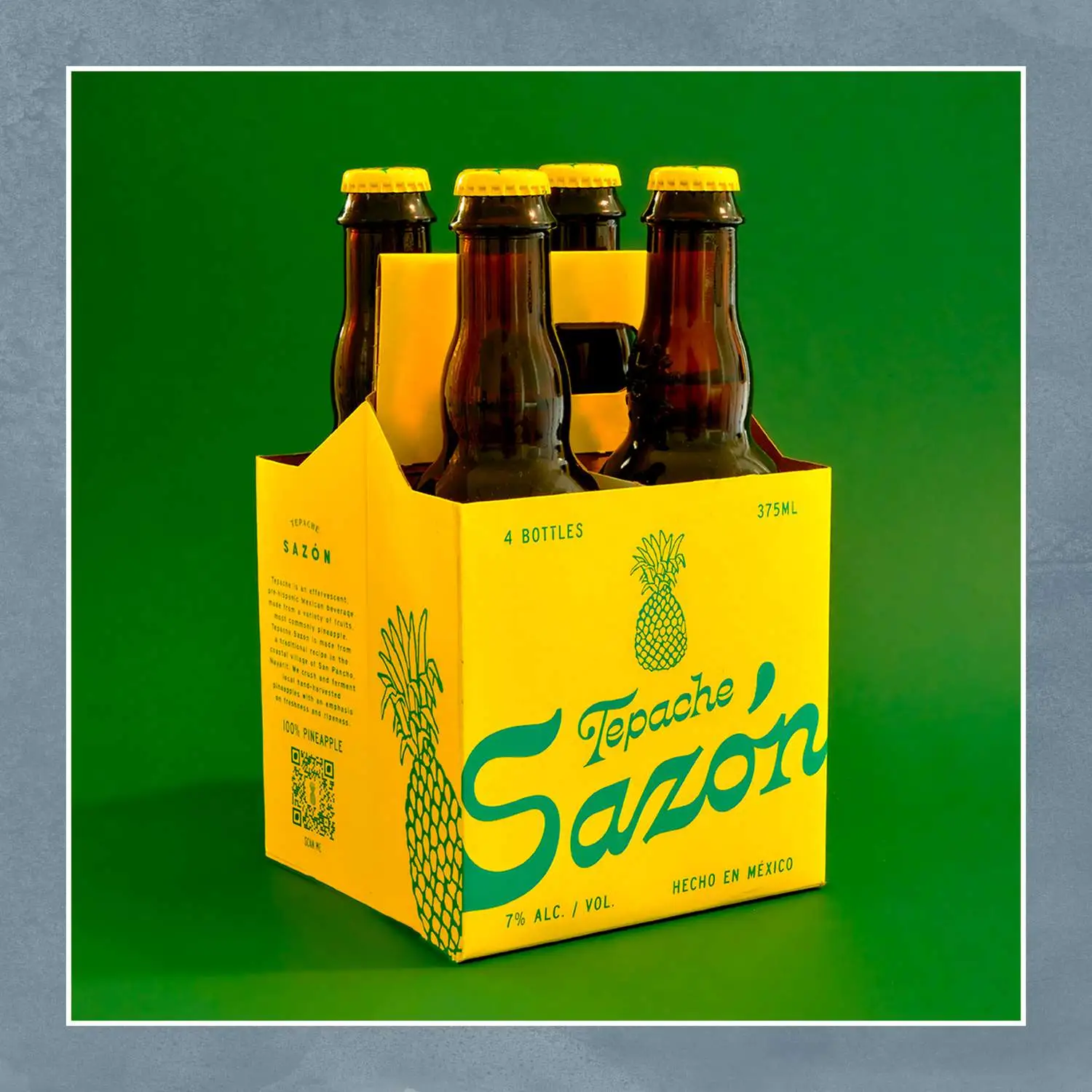 Six pack of Tepache Sazon bottles in bright yellow package