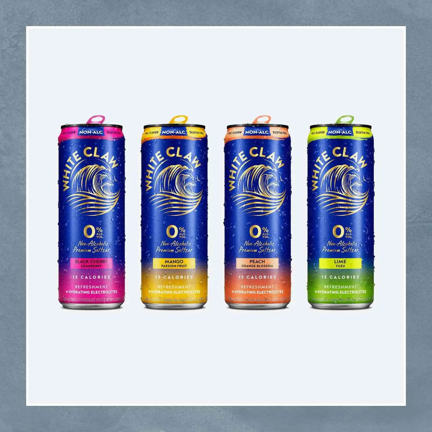 White Claw non alcoholic seltzer cans in black cherry cranberry, mango, peach orange blossom, and lime yuzu flavors
