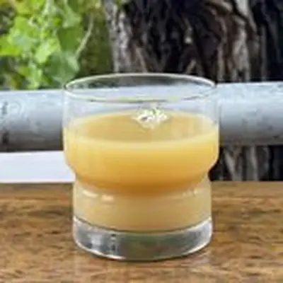 Dagwaagin fall squash shrub in rocks glass, with no ice, on wooden outdoor table