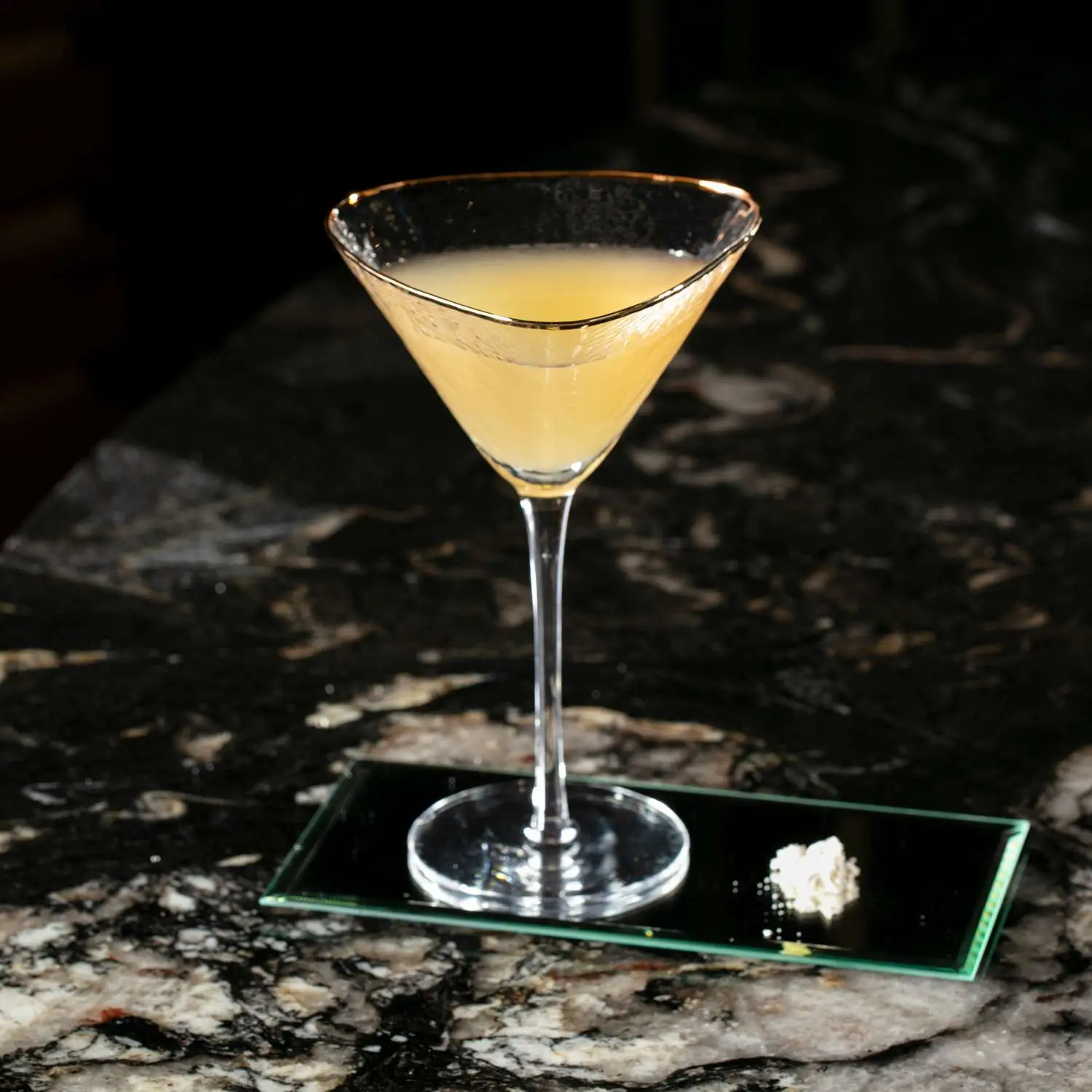 Shinji Dirty Martini on marble counter