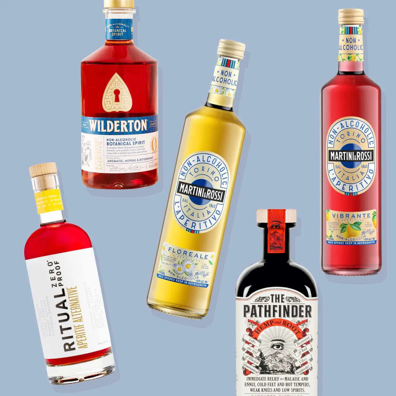 Non alcoholic aperitifs and amari including from left Ritual Aperitif Alternative, Wilderton Botanical Spirit, Martini and Rossi Floreale, The Pathfinder and Martini and Rossi Vibrante