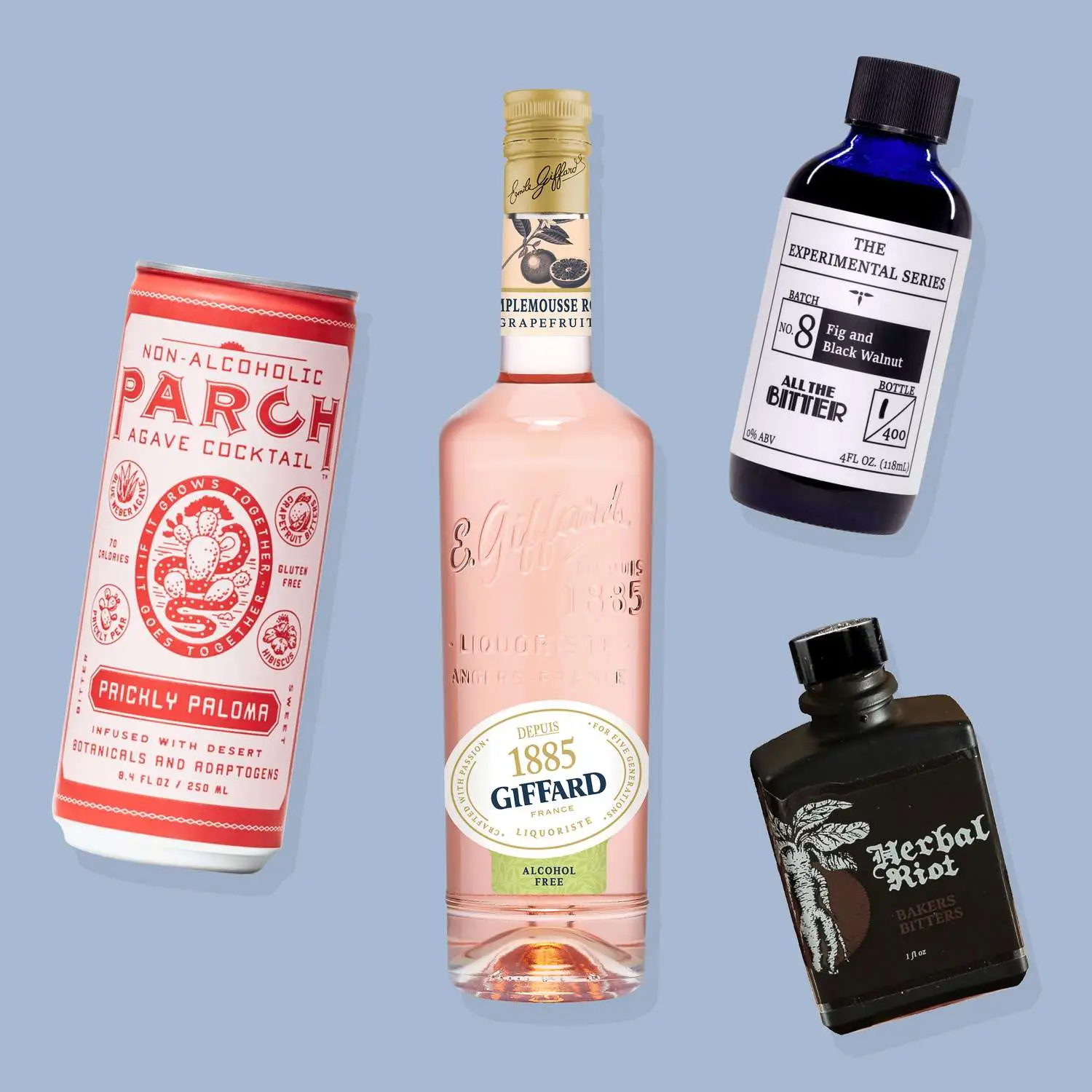 Non alcoholic ingredients including Parch Prickly Paloma cocktail, Giffard Alcohol Free grapefruit cordial, All the Bitter fig and black walnut bitters, and Herbal Riot Bakers Bitters