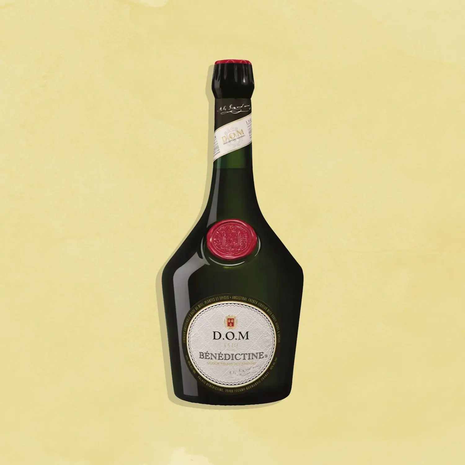 Benedictine D.O.M. bottle against a yellow background