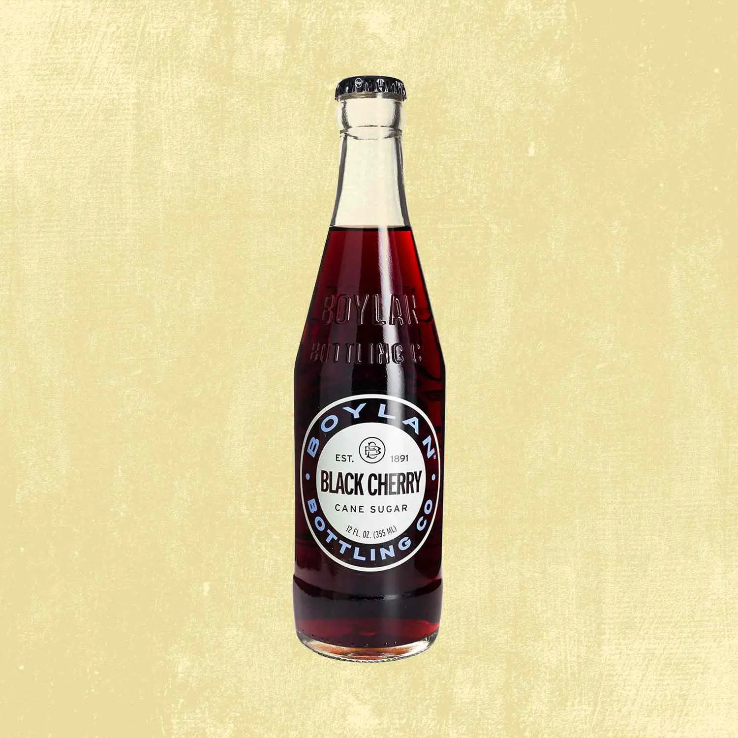 Boylan Bottling Co craft black cherry soda against tan background