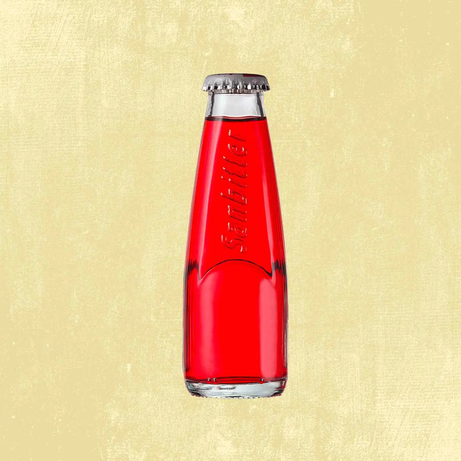 Sanbitter soda bottle against tan background