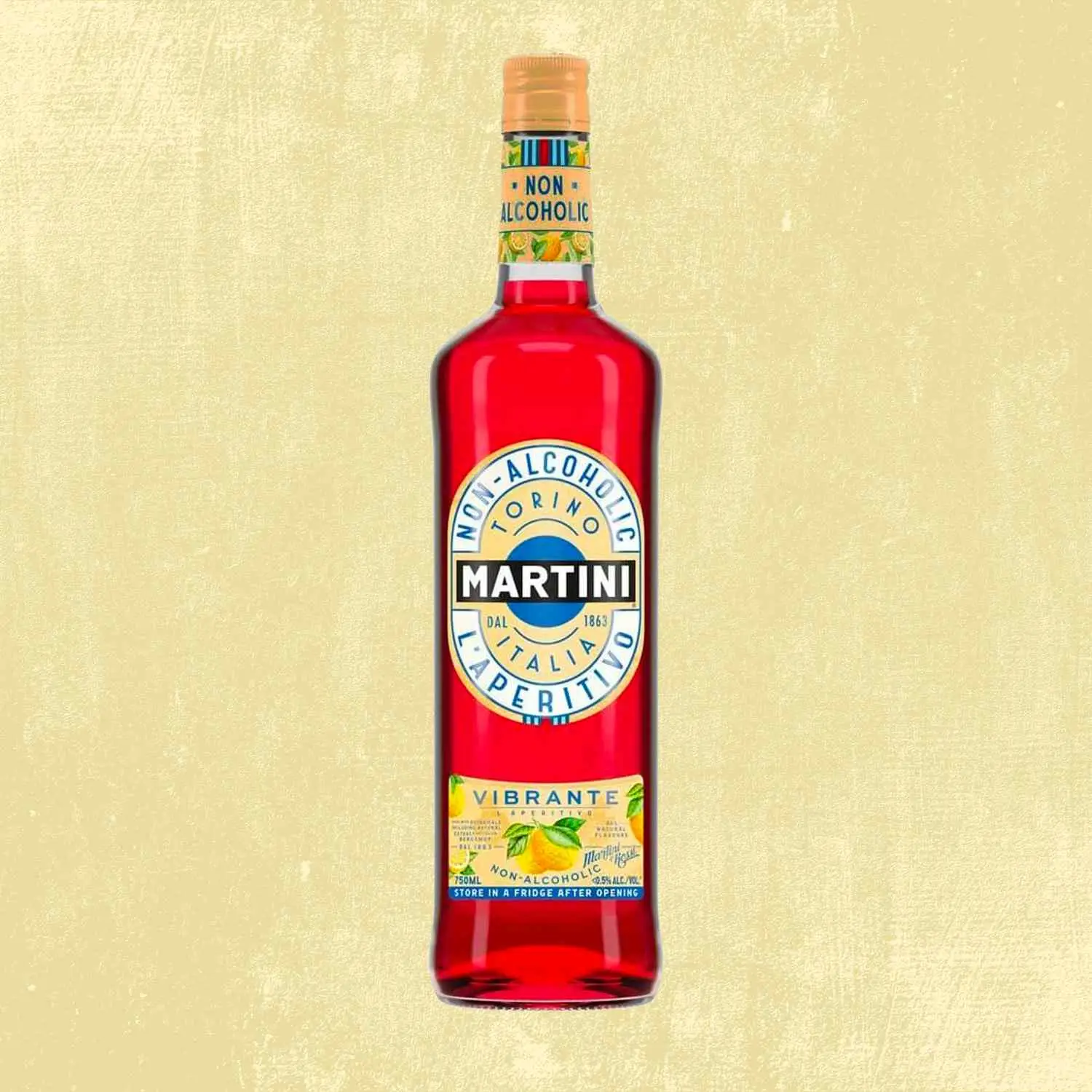 Martini and Rossi non alcoholic Vibrante Aperitivo bottle against tan background