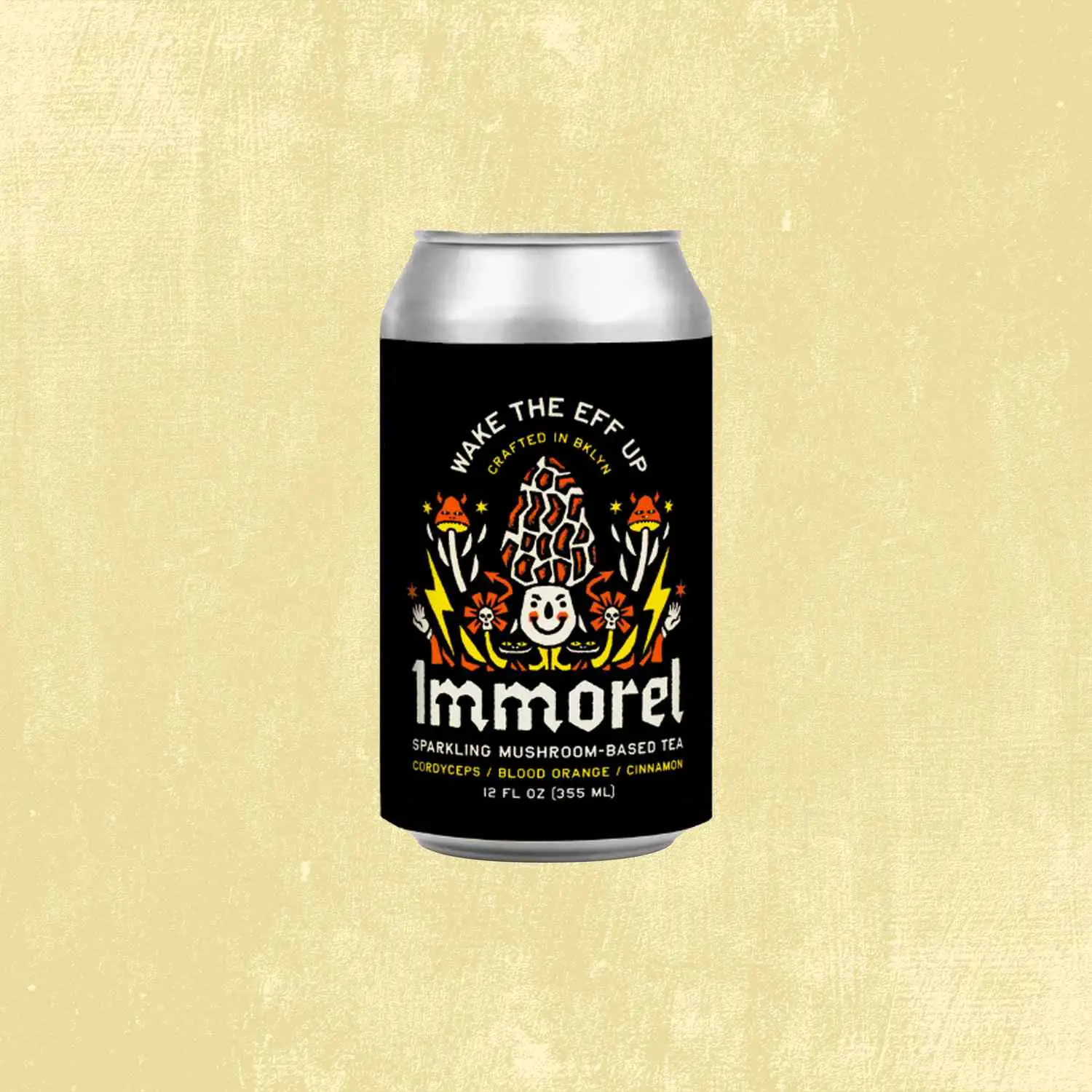 Immorel Wake the Eff Up sparkling mushroom tea can against tan background