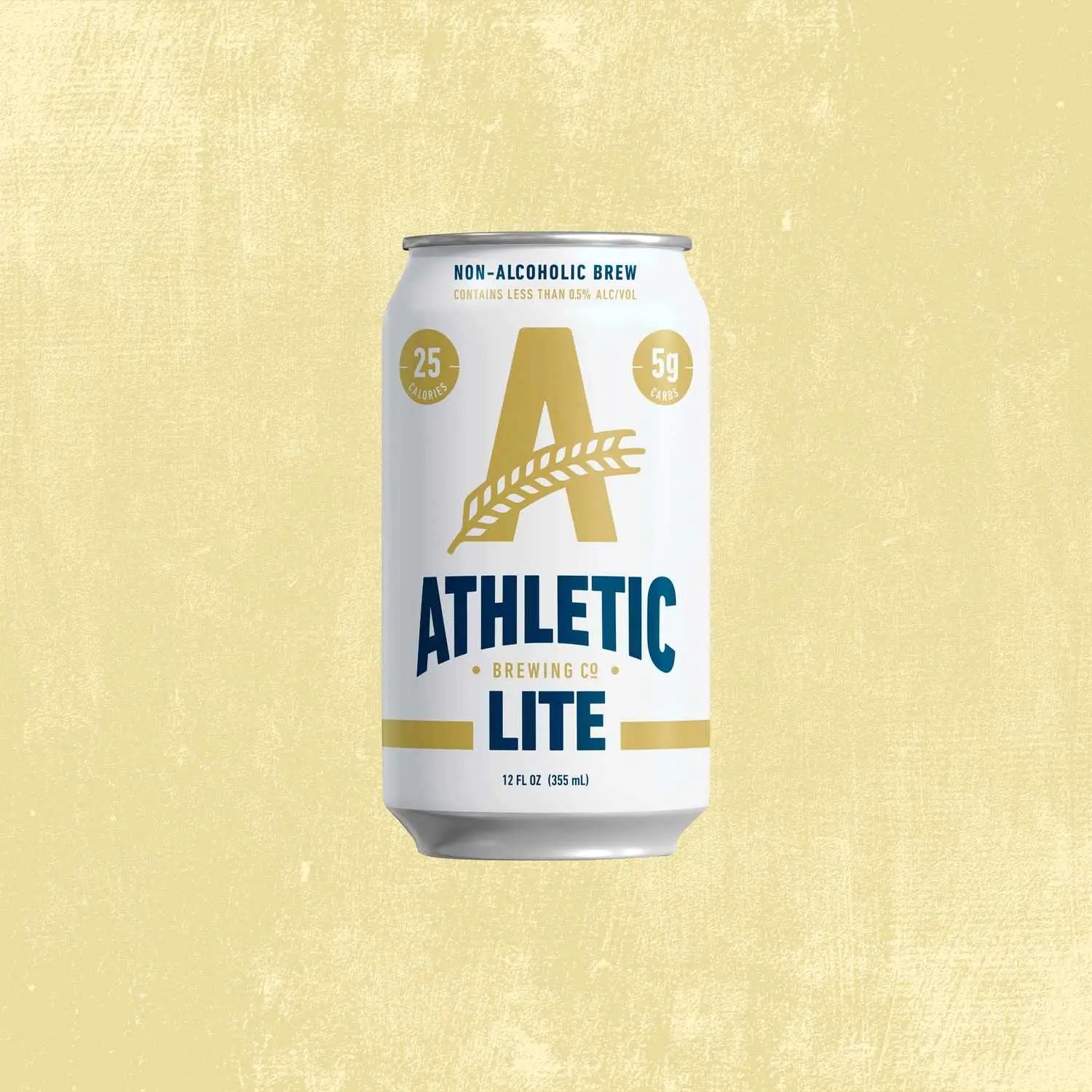 Athletic Lite non alcoholic beer can against tan background