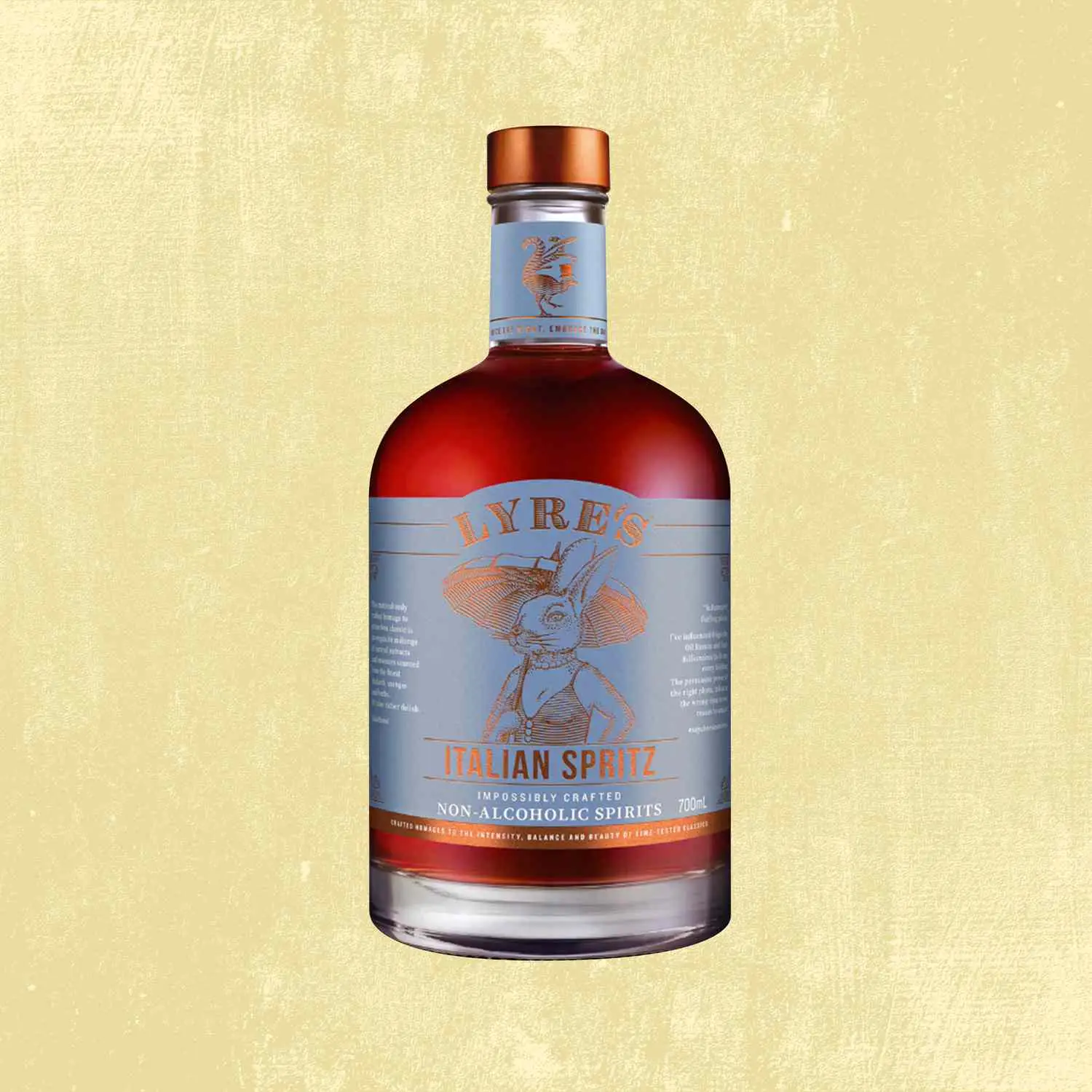 Lyres non alcoholic spritz bottle against tan background