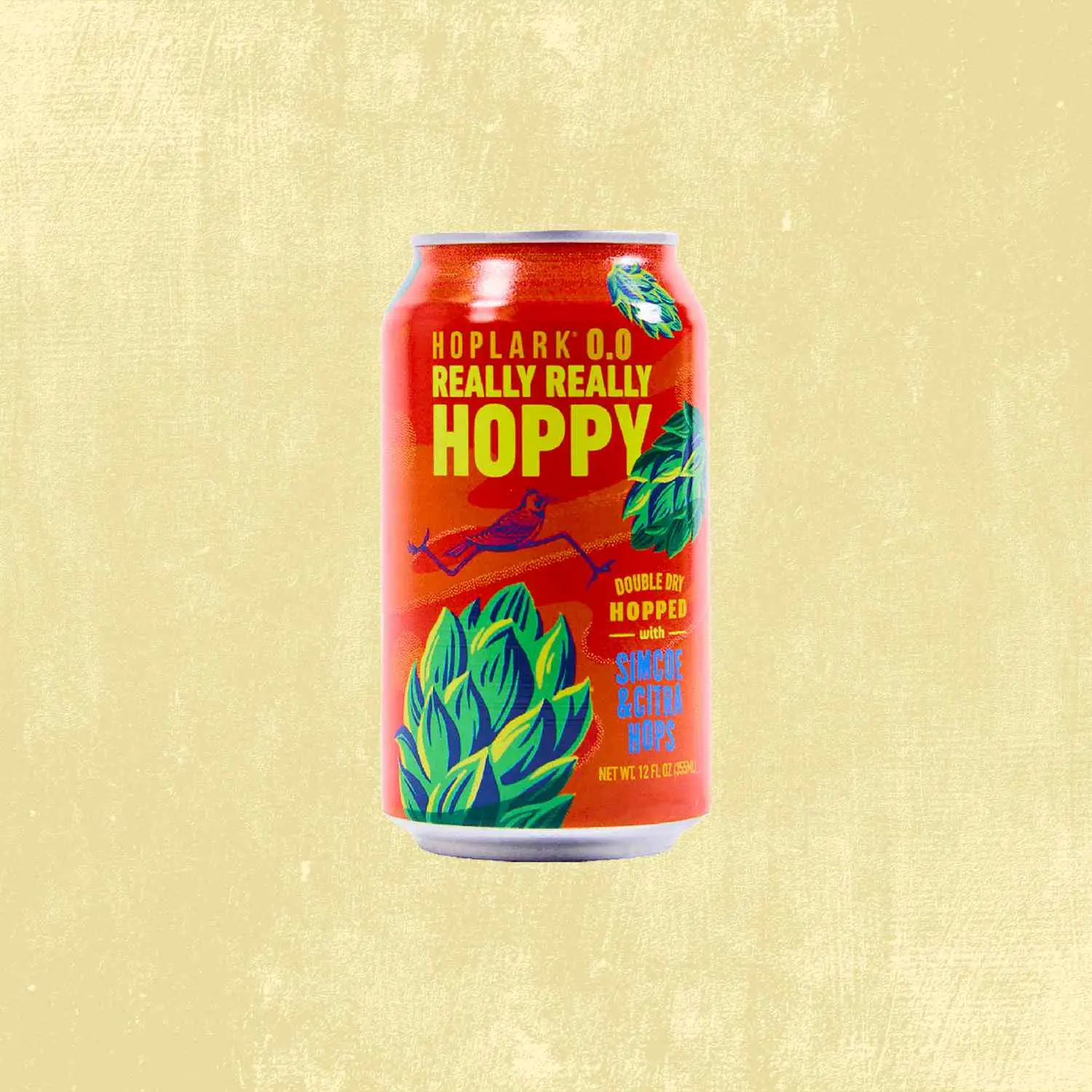 Hoplark Really Really Hoppy non alcoholic beer can against tan background