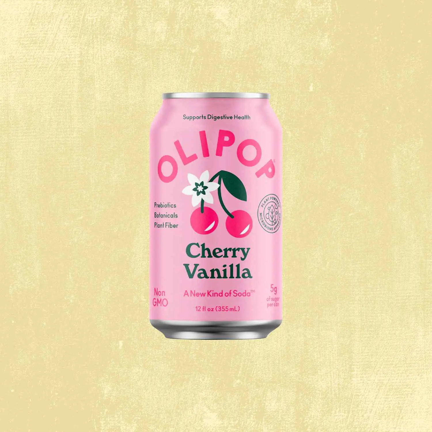 Cherry Vanilla Olipop can against tan background