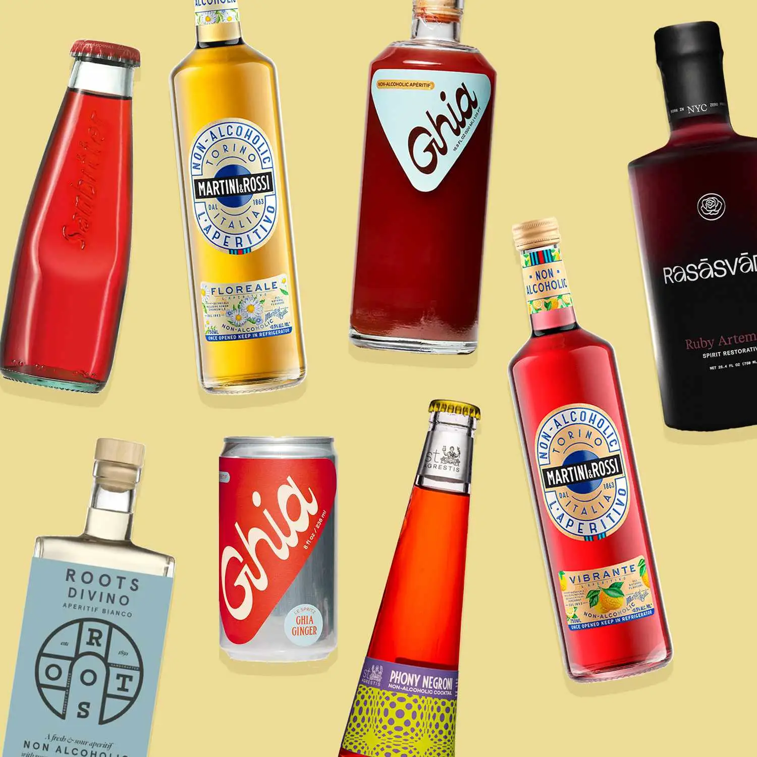 Spread of bottle image on yellow background, showcasting Ghia, Roots Divino, Martini Floreale and Vibrante, among others