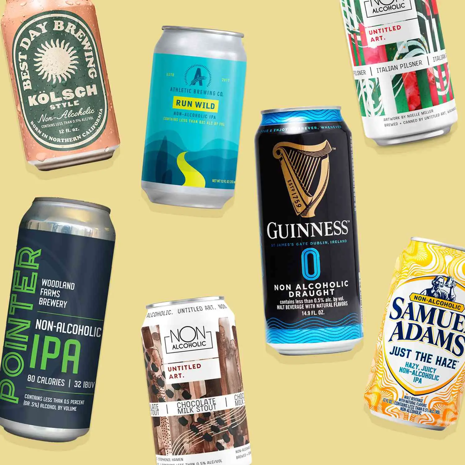 Spread of non-alcoholic beer cans on yellow background, showing Best Day Brewing Kolsche, Athletic Brewing Run Wild, Guinness 0, among others