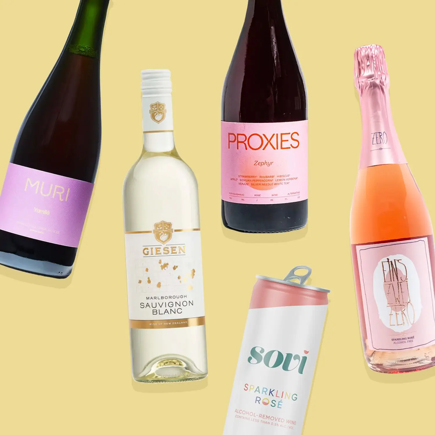 Spread of non-alcoholic wine bottles and cans on yellow background, including Muri, Prioxies, Giesen, Sovi and Leitz