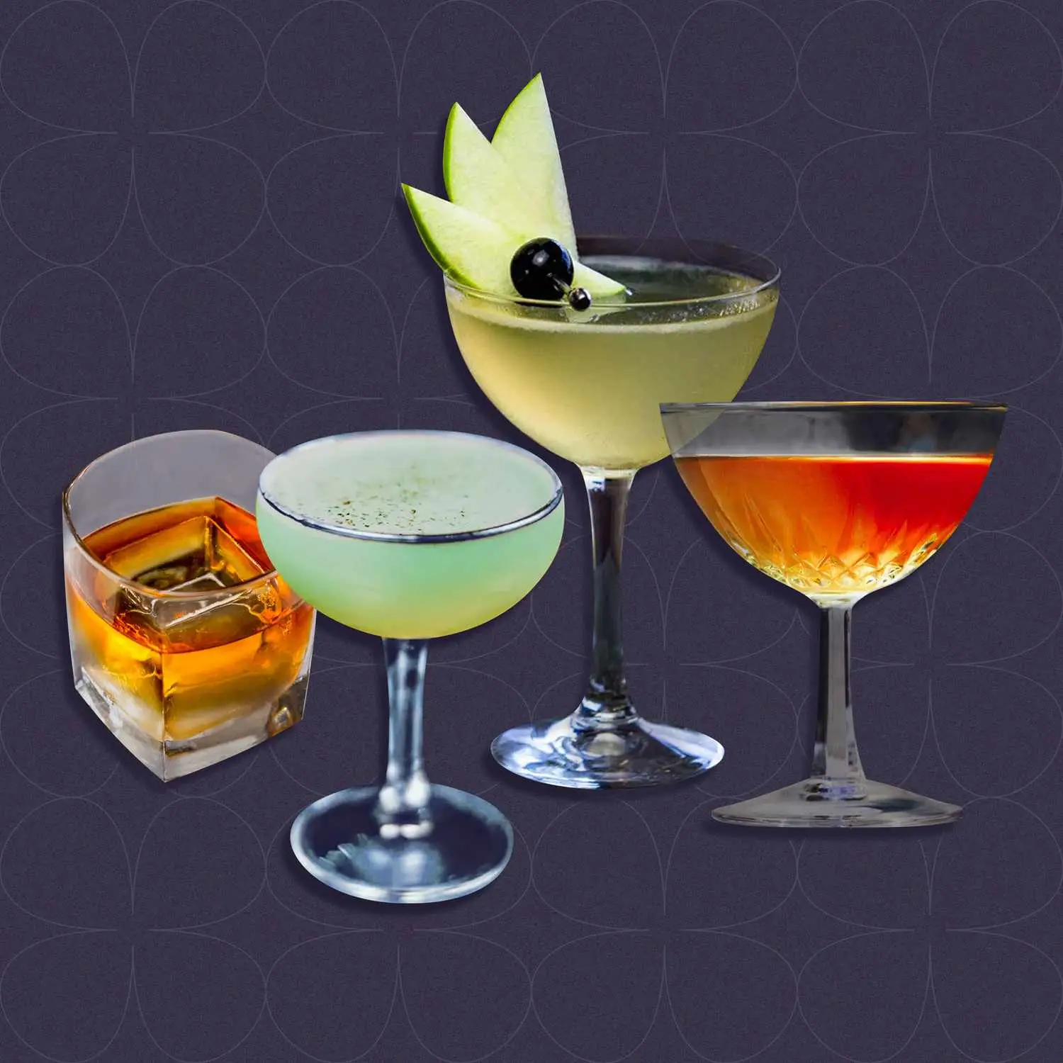 composite of disco drinks against a patterned purple background.