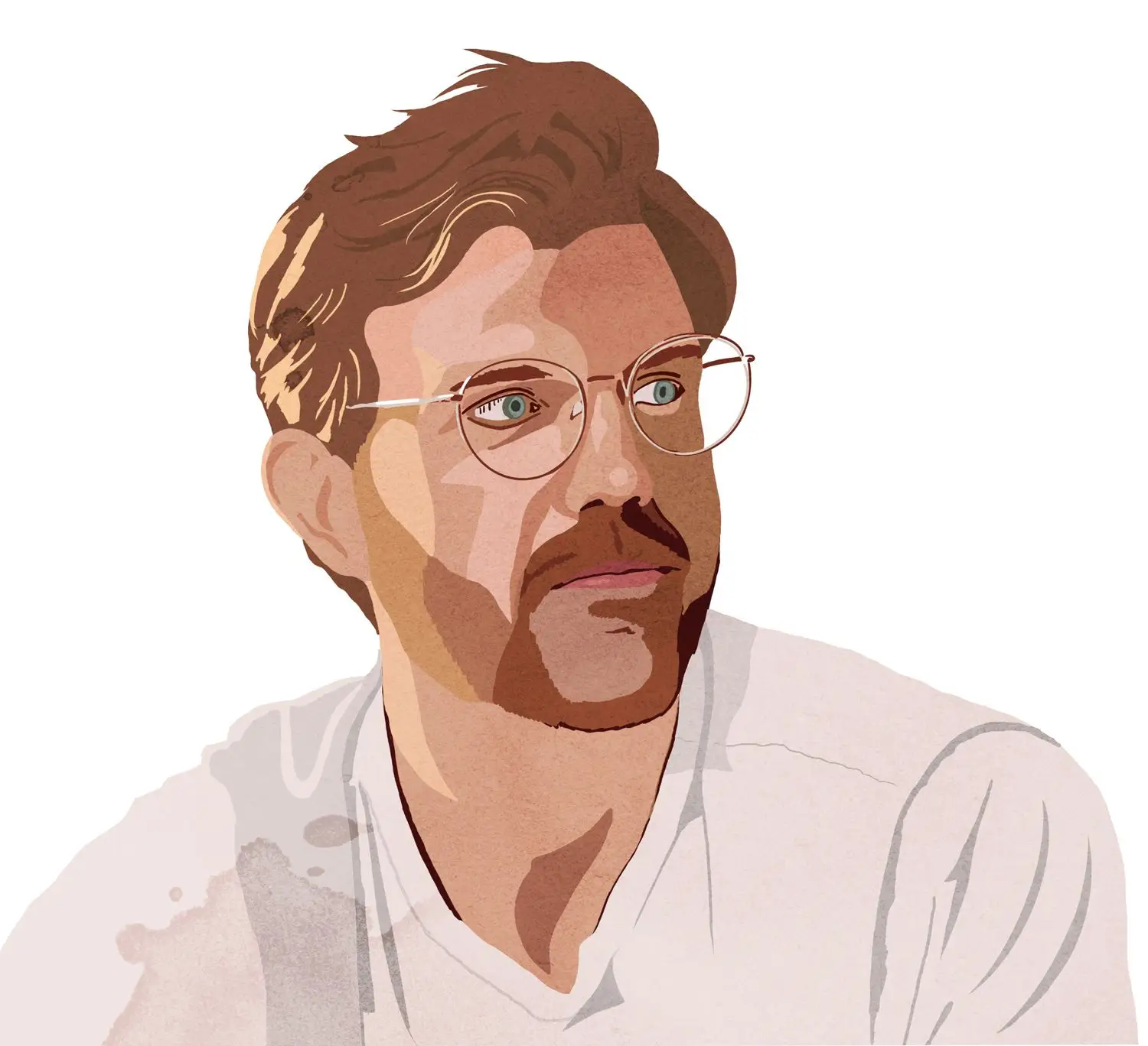 Illustration of Josh Gandee in white v-neck t-shirt, looking to the right