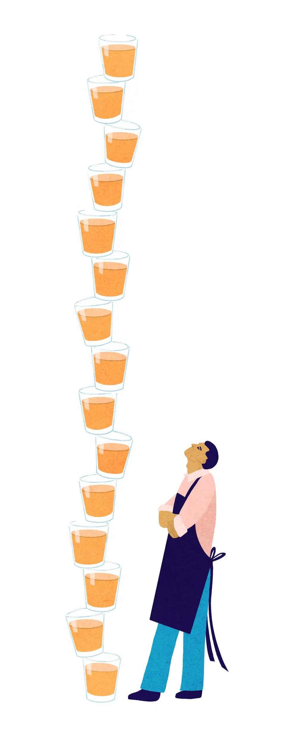 Illustration of bartender looking at a tower of shots, twice as tall as they are