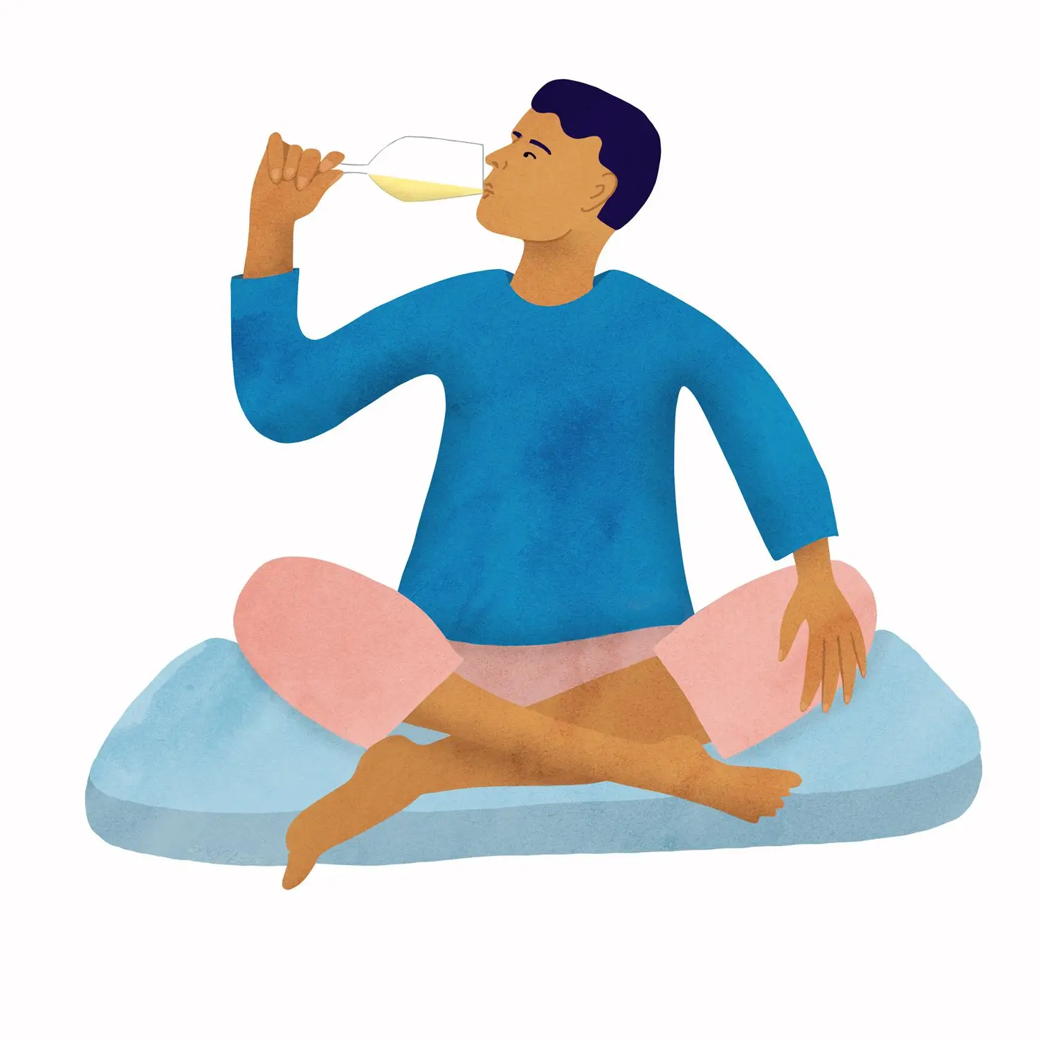 Illustration of person sitting cross-legged on pillow sipping non-alcoholic wine