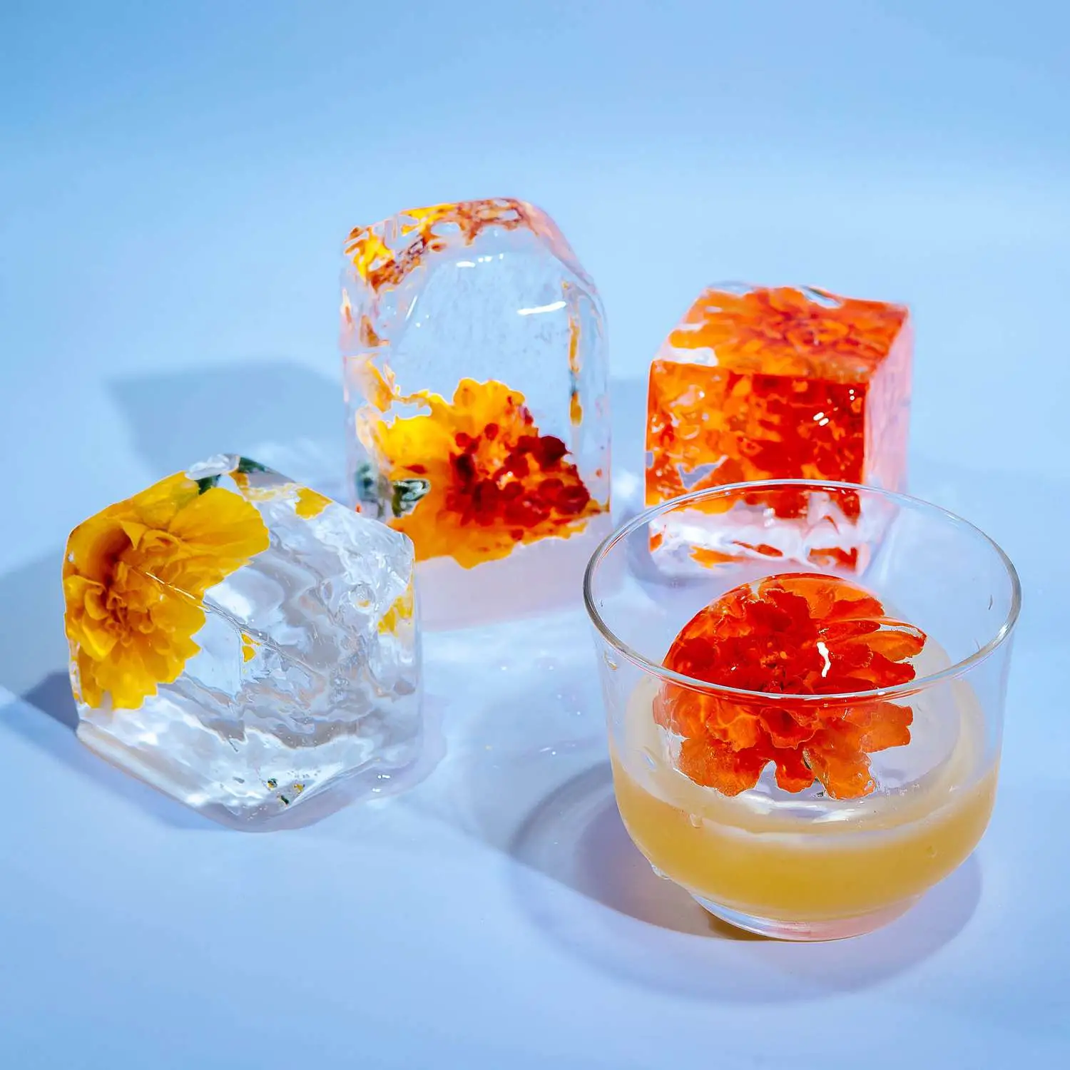 Perfectly clear cubes of ice with flowers frozen inside, one place in the Passion Project cocktail in rocks glass
