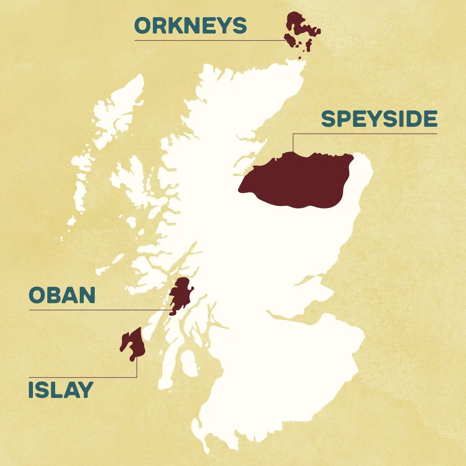 Map of Scotland with Orkneys, Speyside, Oban, and Islay highlighted