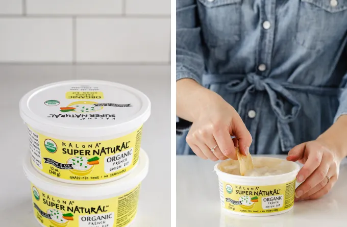 Two tubs of Kalona SuperNatural French onion dip stacked on top of each other plus someone dipping a chip into it.' title='Easy Snack Board Ideas