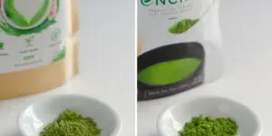 A side by side comparison of latte grade and ceremonial grade matcha for color comparison.' title='Matcha Coffee Recipe