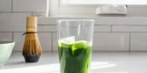 Matcha and ice in a 12 ounce glass.' title='Matcha Coffee Recipe