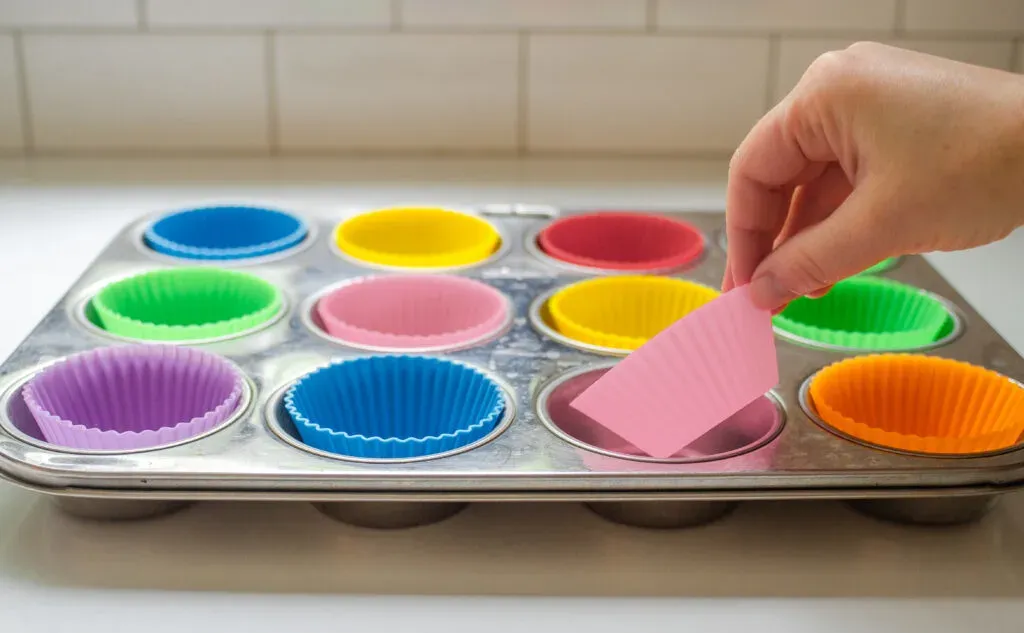Lining a muffin pan with muffin liners instead of paper liners or parchment paper.' title='Parchment Paper Substitute for Baking
