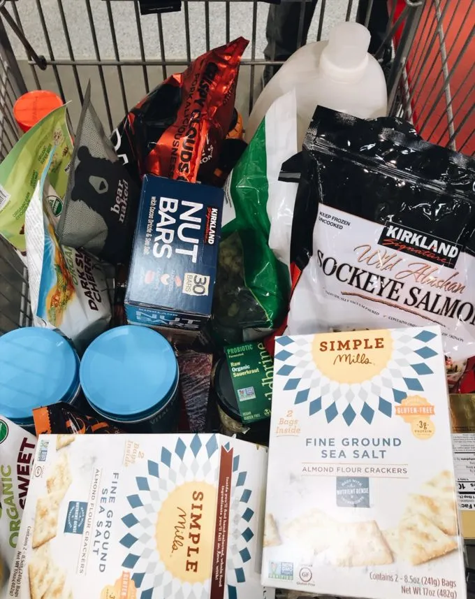 Shopping cart filled with food at Costco.' title='Things to Buy at Costco: Natural and Organic Finds!