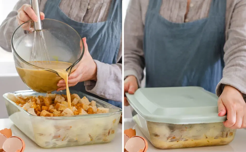 Pouring the custard over the bread and apples in the pan and covering with a lid.' title='Apple French Toast Casserole Recipe
