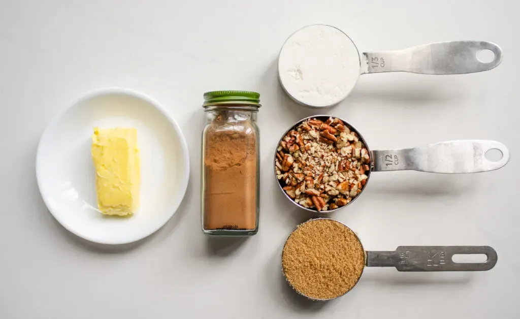 All of the ingredients needed to make the streusel topping.' title='Apple French Toast Casserole Recipe
