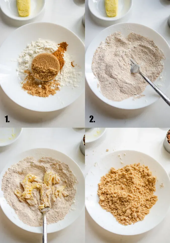 A photo collage of mixing together the ingredients for the streusel topping.' title='Apple French Toast Casserole Recipe