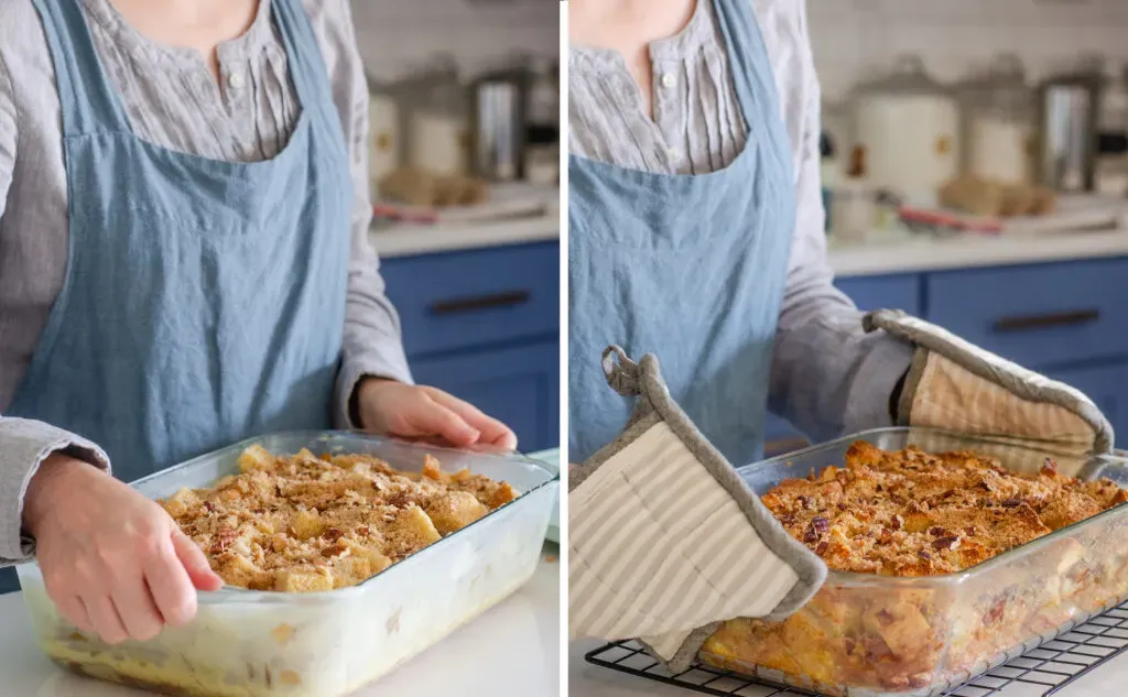 Before and after baking the French toast casserole with hands holding the pan.' title='Apple French Toast Casserole Recipe