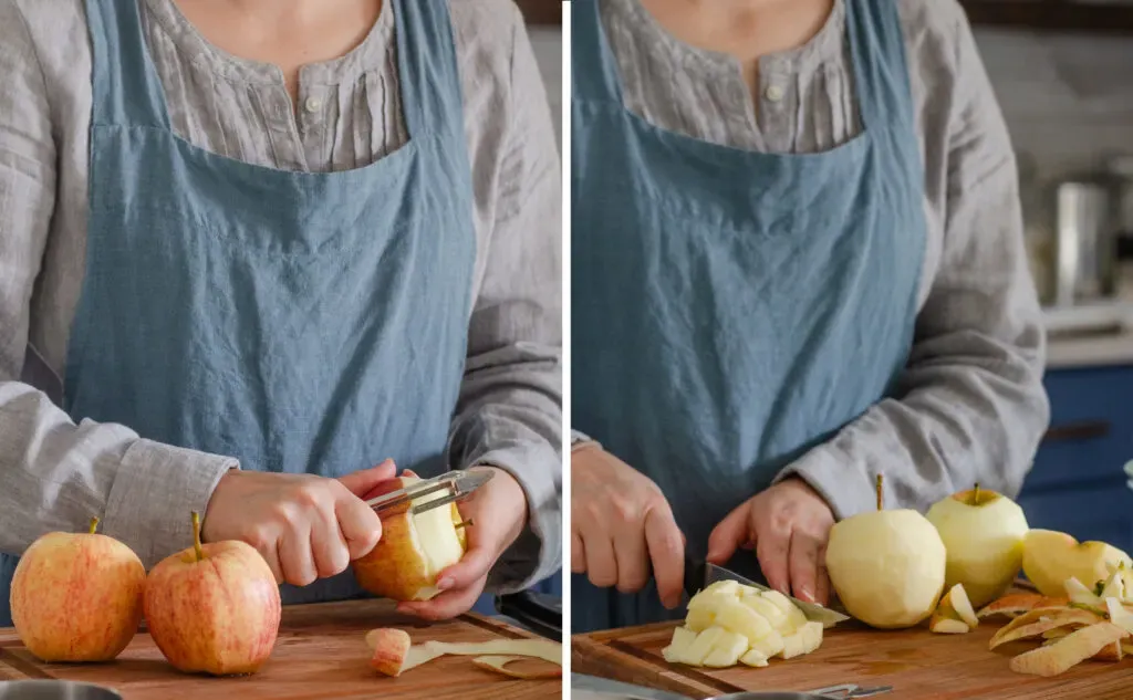 Peeling and slicing apples to make a French toast casserole. ' title='Apple French Toast Casserole Recipe