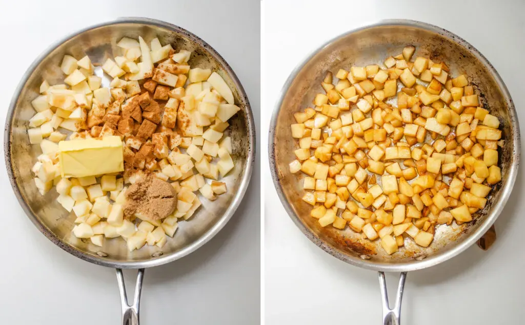 A photo collage of the apples before and after they’re cooked.' title='Apple French Toast Casserole Recipe