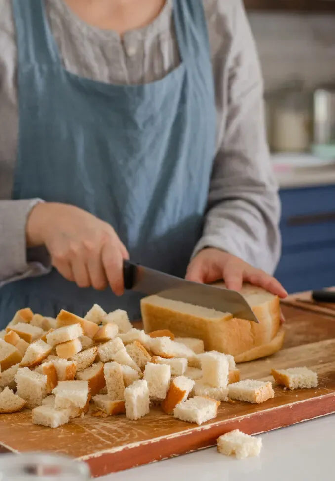 Slicing bread into cubes to use in French toast casserole.' title='Apple French Toast Casserole Recipe