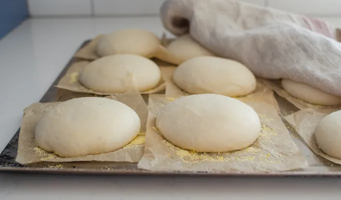 The risen sourdough English muffins.' title='Sourdough English Muffins