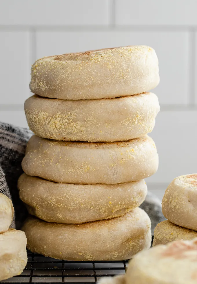A stack of fresh Sourdough English Muffins.' title='Sourdough English Muffins