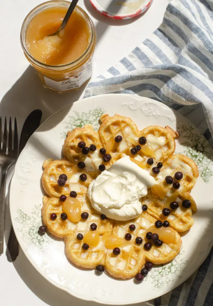 Sourdough discard waffle with lemon curd whipped cream and blueberries on top.' title='Sourdough Discard Waffles Recipe