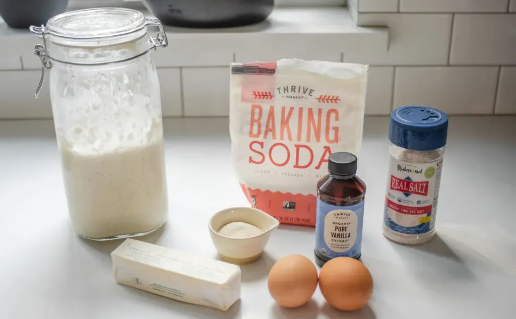 All of the ingredients needed to make sourdough starter discard waffles.' title='Sourdough Discard Waffles Recipe